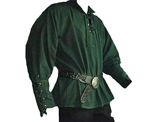 Herren Lang Mittelalter Hemd Schnürhemd Stehkragen Gothic Steampunk Viktorianisch T-Shirt Grün M von Runyue