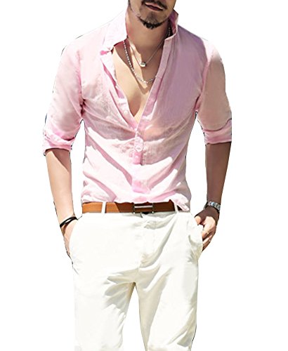 Herren Leinen Hemd Dünne Leicht Slim Fit Langarm Strand Hemd Bequem Atmungsaktiv Langarmshirt Freizeithemd Rosa S von Runyue