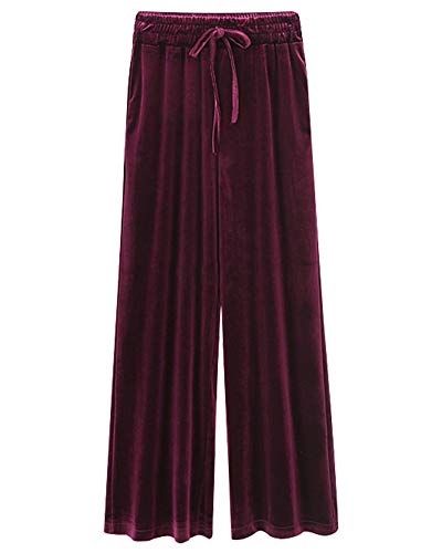 Runyue Damen Elegant Samt Hose Herbst Winter Lose Weites Bein Hose Hohe Taille Freizeithose Weinrot M von Runyue