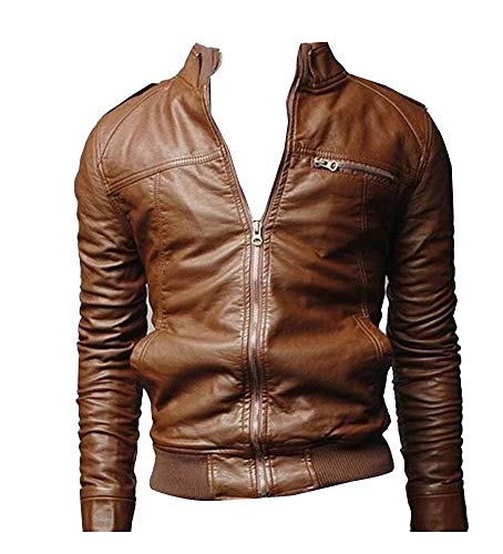 Runyue Herren Jacke Biker Lederjacke Kunstleder Slim Fit Freizeit Braun L von Runyue