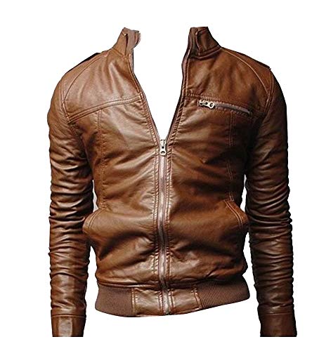 Runyue Herren Jacke Biker Lederjacke Kunstleder Slim Fit Freizeit Braun XL von Runyue