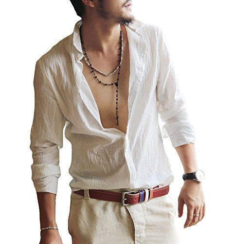 Runyue Herren Leinen Hemd Dünne Leicht Slim Fit Langarm Strand Hemd Bequem Atmungsaktiv Langarmshirt Freizeithemd Weiß M von Runyue