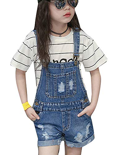 Runyue Mädchen Dungaree-Shorts Denim Kurz Latzhose Jeans Overall Jumpsuit Blau 130CM von Runyue