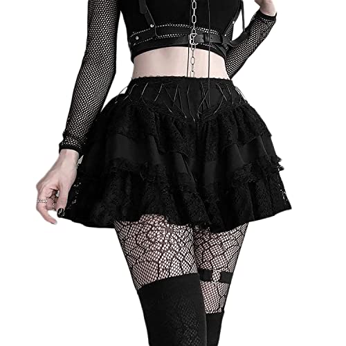 Ruolai Frauen Hohe Taille Goth Rock Y2K A-Linie Schwarz Faltenrock Mini Tennis Rock, Blackls, Groß von Ruolai