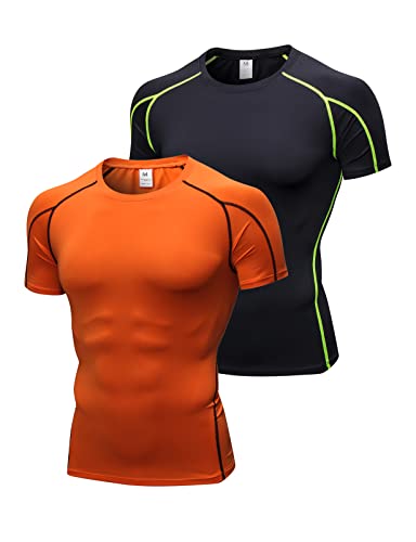 2er Pack Herren Kurzarm Kompressionsshirt Laufshirt Funktionsshirt Atmungsaktiv T-Shirt für Running Jogging Fitness Gym Orange+Schwarz Grün L von Ruowuhen
