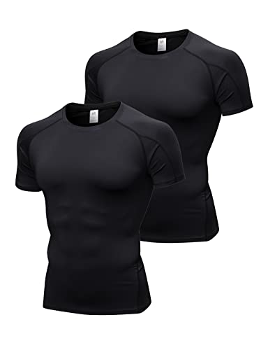 2er Pack Herren Kurzarm Kompressionsshirt Laufshirt Funktionsshirt Atmungsaktiv T-Shirt für Running Jogging Fitness Gym Schwarz+Schwarz L von Ruowuhen