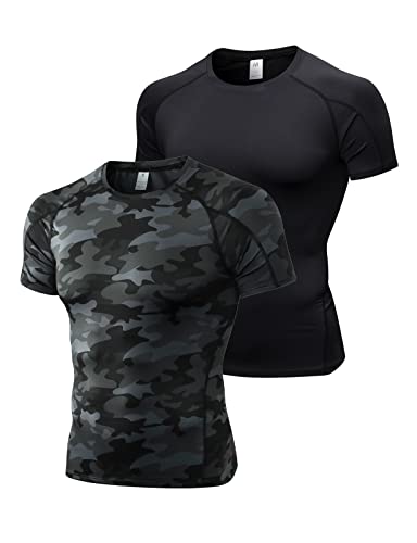 2er Pack Herren Kurzarm Kompressionsshirt Laufshirt Funktionsshirt Atmungsaktiv T-Shirt für Running Jogging Fitness Gym Schwarz+Tarnfarbe Schwarz XL von Ruowuhen