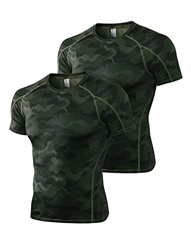 2er Pack Herren Kurzarm Kompressionsshirt Laufshirt Funktionsshirt Atmungsaktiv T-Shirt für Running Jogging Fitness Gym Tarnfarbe Grün+Tarnfarbe Grün S von Ruowuhen