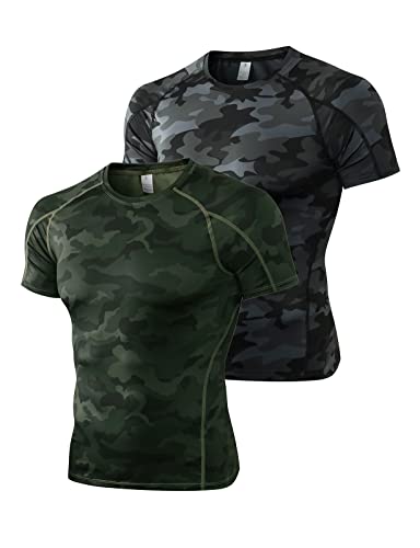 2er Pack Herren Kurzarm Kompressionsshirt Laufshirt Funktionsshirt Atmungsaktiv T-Shirt für Running Jogging Fitness Gym Tarnfarbe Grün+Tarnfarbe Schwarz L von Ruowuhen