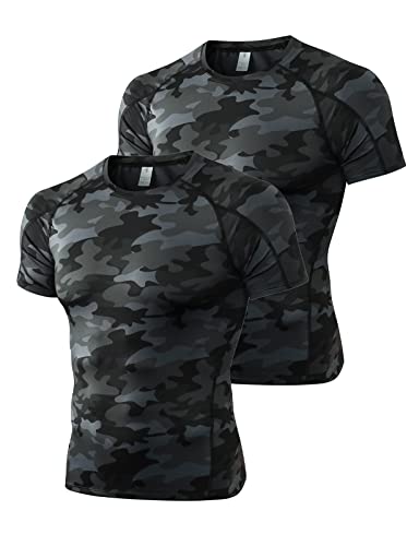 2er Pack Herren Kurzarm Kompressionsshirt Laufshirt Funktionsshirt Atmungsaktiv T-Shirt für Running Jogging Fitness Gym Tarnfarbe Schwarz+Tarnfarbe Schwarz M von Ruowuhen