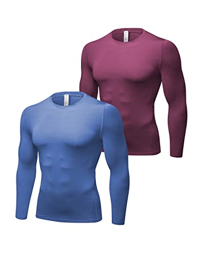 2er Pack Sportshirt Herren Langarm Funktionsshirt Kompressionsshirt Laufshirt Männer Schnelltrocknend T-Shirt Trainingsshirt Grau Blau+Weinrot L von Ruowuhen