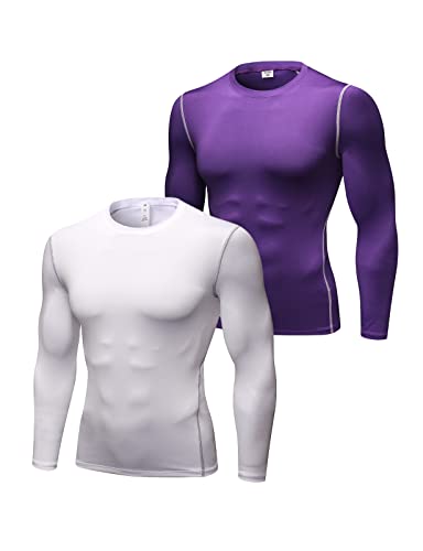 2er Pack Sportshirt Herren Langarm Funktionsshirt Kompressionsshirt Laufshirt Männer Schnelltrocknend T-Shirt Trainingsshirt Lila+Weiß L von Ruowuhen