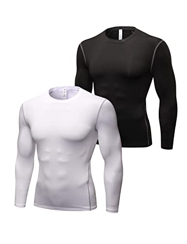2er Pack Sportshirt Herren Langarm Funktionsshirt Kompressionsshirt Laufshirt Männer Schnelltrocknend T-Shirt Trainingsshirt Schwarz+Weiß XS von Ruowuhen
