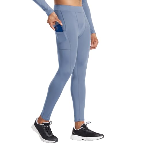 Kompressionshose Herren Laufhose Lang Atmungsaktive Sport Leggings Trainingshose Running Tights mit Taschen Nebelblau XXL von Ruowuhen