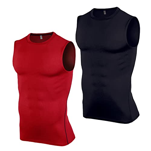 Ruowuhen 2er Pack Herren Ärmelloses Kompressionsshirt Atmungsaktiv Tank Top Laufshirt, Sport Unterhemd Funktionsshirt für Männer Schwarz+Rot XS von Ruowuhen