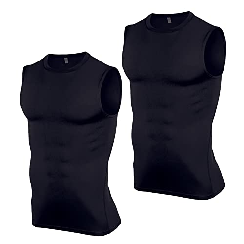 Ruowuhen 2er Pack Herren Ärmelloses Kompressionsshirt Atmungsaktiv Tank Top Laufshirt, Sport Unterhemd Funktionsshirt für Männer Schwarz+Schwarz XS von Ruowuhen