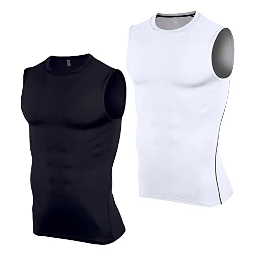 Ruowuhen 2er Pack Herren Ärmelloses Kompressionsshirt Atmungsaktiv Tank Top Laufshirt, Sport Unterhemd Funktionsshirt für Männer Schwarz+Weiß XS von Ruowuhen