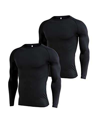 Ruowuhen 2er Pack Herren Funktionsshirt Langarm Kompressionsshirt Laufshirt Männer Schnelltrocknend Atmungsaktiv Sportshirt Trainingsshirt Schwarz+Schwarz XS von Ruowuhen