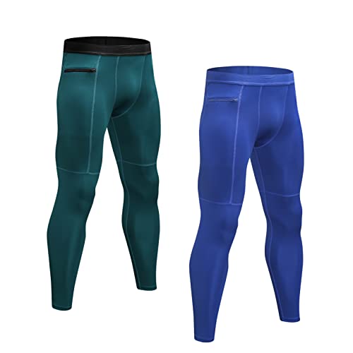 Ruowuhen 2er Pack Herren Kompressionshose Schnelltrocknend Laufhose Sport Leggings Atmungsaktive Trainingshose Funktionshose Tights für Männer Blau+Pfau Blau XL von Ruowuhen