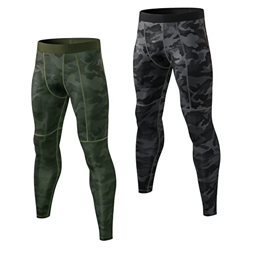 Ruowuhen 2er Pack Herren Kompressionshose Schnelltrocknend Laufhose Sport Leggings Atmungsaktive Trainingshose Funktionshose Tights für Männer Tarnung Schwarz+Tarnung Grün XL von Ruowuhen