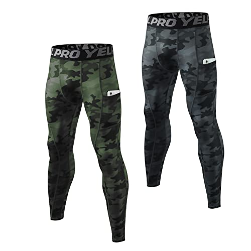 Ruowuhen 2er Pack Herren Kompressionshose mit Taschen, Männer Sport Leggings Laufhosen Schnelltrocknend Fitness Funktionsunterhose Tights Tarnung Schwarz+Tarnung Grün XL von Ruowuhen