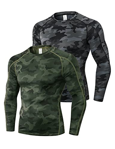 Ruowuhen 2er Pack Herren Kompressionsshirt Langarm Laufshirt Funktionsshirt Sportshirt Schnelltrocknend Atmungsaktiv Trainingsshirt Fitnessshirt Tarnfarbe Schwarz+Tarnfarbe Grün S von Ruowuhen