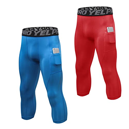Ruowuhen 2er Pack Kompressionshose Herren 3/4 Laufhose Sport Leggings Atmungsaktiv Funktionshose Tights Männer Compression Hose mit Taschen Rot+Blau XXL von Ruowuhen