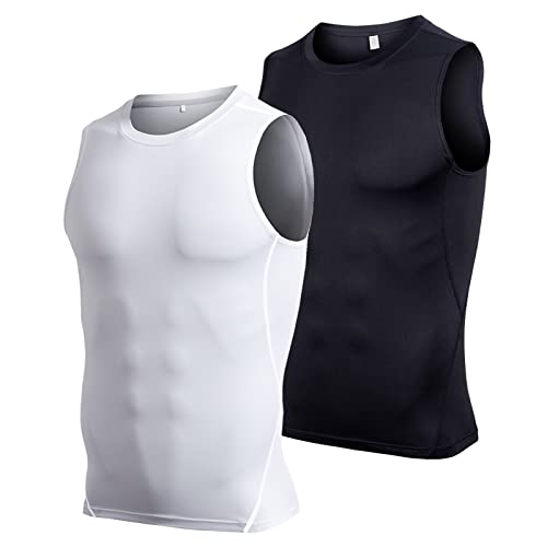 Ruowuhen 2er Pack Kompressionsshirt Herren Ärmelloses Atmungsaktiv Tank Top Laufshirt, Sport Unterhemd Funktionsshirt für Männer Schwarz+Weiß L von Ruowuhen