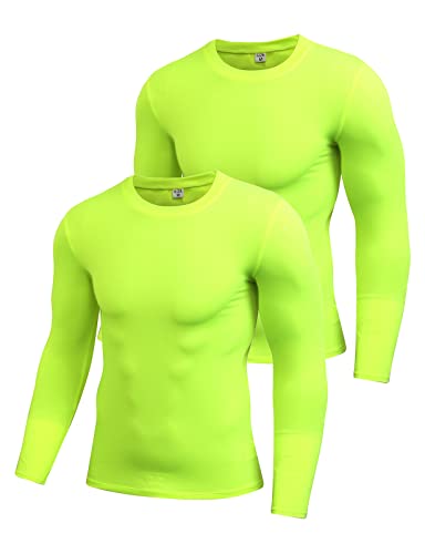 Ruowuhen 2er Pack Kompressionsshirt Herren Langarm Laufshirt Sportshirt Schnelltrocknend Atmungsaktiv Trainingsshirt Funktionsshirt Fluoreszierendes Grün+Fluoreszierendes Grün L von Ruowuhen