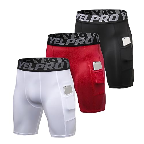 Ruowuhen 3er Pack Herren Kompressionsshorts Schnelltrocknendes Kurz Unterhose Sport Laufhose Männer Tights mit Tasche Schwarz+Rot+Weiß S von Ruowuhen