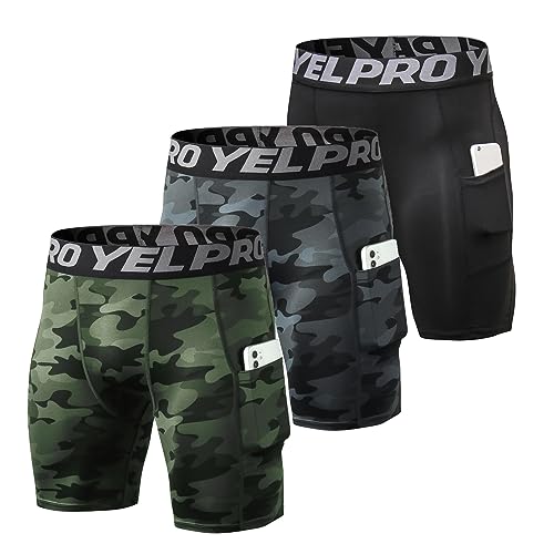 Ruowuhen 3er Pack Herren Kompressionsshorts Schnelltrocknendes Kurz Unterhose Sport Laufhose Männer Tights mit Tasche Tarnfarbe Schwarz+Tarnfarbe Grün+Schwarz M von Ruowuhen