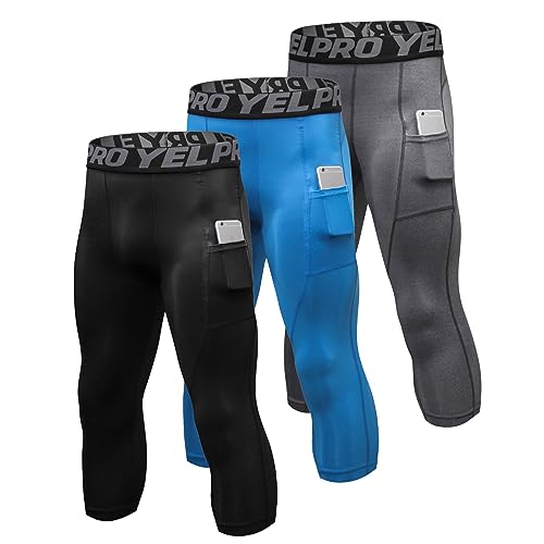Ruowuhen 3er Pack Kompressionshose Herren 3/4 Laufhose mit Taschen,Männer Sport Leggings Funktionshose Tights Schwarz+Blau+Grau L von Ruowuhen