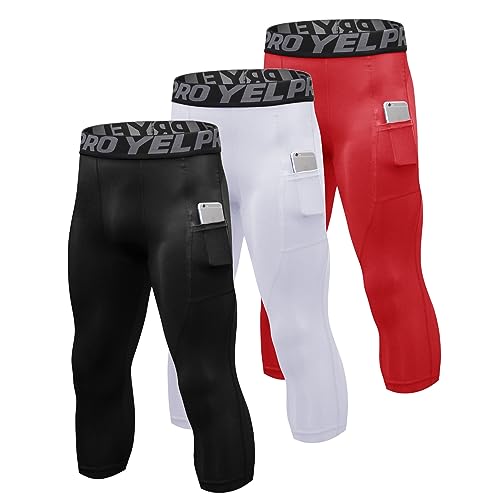 Ruowuhen 3er Pack Kompressionshose Herren 3/4 Laufhose mit Taschen,Männer Sport Leggings Funktionshose Tights Schwarz+Weiß+Rot M von Ruowuhen