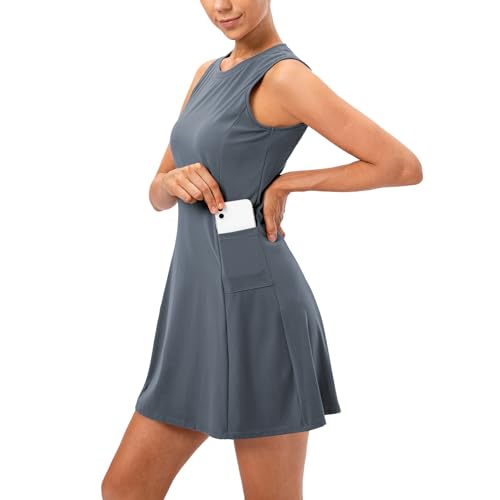 Ruowuhen Damen Tenniskleid mit Hose Ärmellos Golfkleid Sportkleider Trainingskleider Mini Kleid mit Taschen Grau Blau S von Ruowuhen