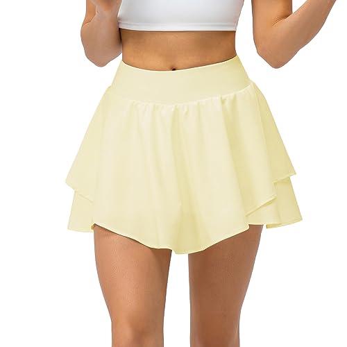 Ruowuhen Damen Tennisröcke Golfrock mit Taschen Hohe Taille Tennis Skort Laufröcke Sport Minirock mit Innenhose Hellgelb L von Ruowuhen