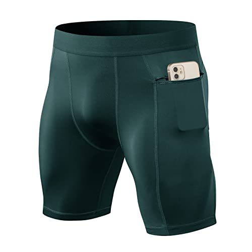 Ruowuhen Herren Funktionsshorts Kompressionsshorts mit Taschen, Herren Baselayer Unterhose Tights Kurz Laufhose Schnelltrocknendes Laufunterwäsche Dunkelgrün L von Ruowuhen