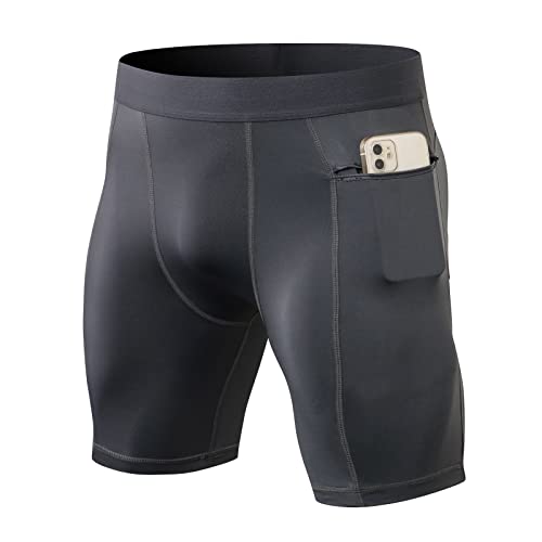 Ruowuhen Herren Funktionsshorts Kompressionsshorts mit Taschen, Herren Baselayer Unterhose Tights Kurz Laufhose Schnelltrocknendes Laufunterwäsche Grau L von Ruowuhen