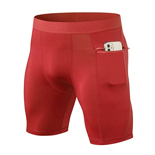 Ruowuhen Herren Funktionsshorts Kompressionsshorts mit Taschen, Herren Baselayer Unterhose Tights Kurz Laufhose Schnelltrocknendes Laufunterwäsche Rot M von Ruowuhen