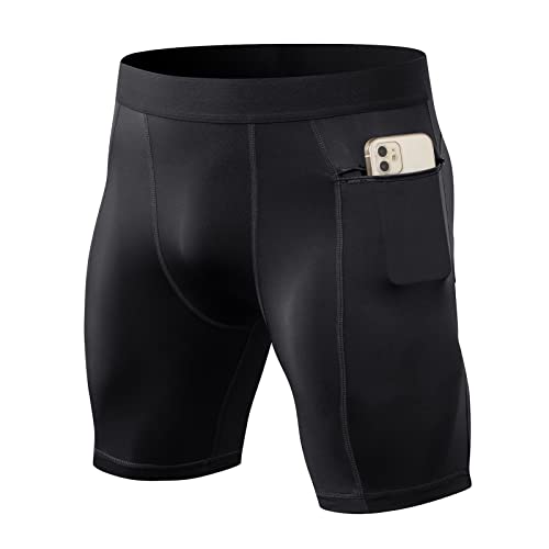 Ruowuhen Herren Funktionsshorts Kompressionsshorts mit Taschen, Herren Baselayer Unterhose Tights Kurz Laufhose Schnelltrocknendes Laufunterwäsche Schwarz XL von Ruowuhen