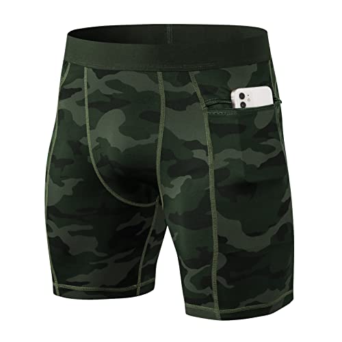 Ruowuhen Herren Funktionsshorts Kompressionsshorts mit Taschen, Herren Baselayer Unterhose Tights Kurz Laufhose Schnelltrocknendes Laufunterwäsche Tarnfarbe Grün L von Ruowuhen