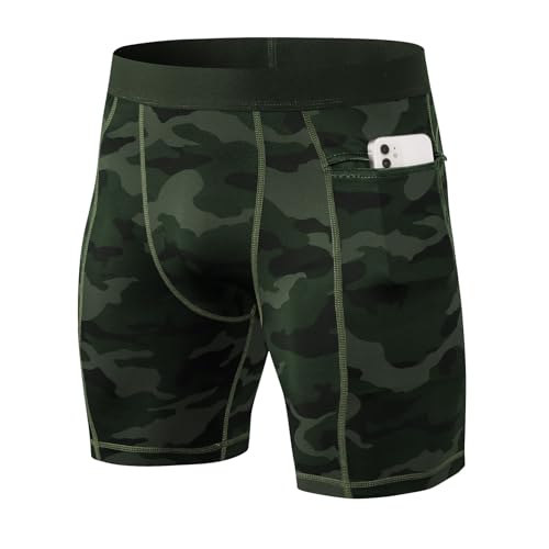 Ruowuhen Herren Funktionsshorts Kompressionsshorts mit Taschen, Herren Baselayer Unterhose Tights Kurz Laufhose Schnelltrocknendes Laufunterwäsche Tarnfarbe Grün XXL von Ruowuhen