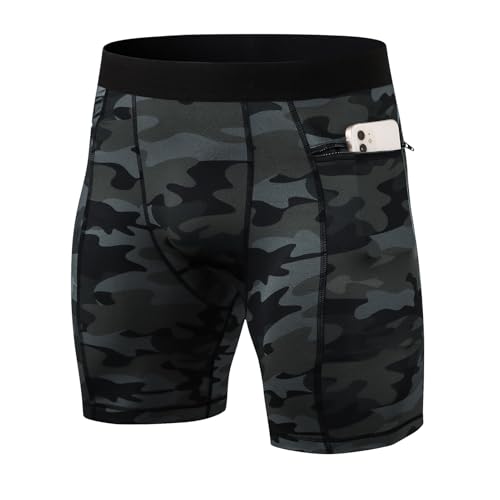 Ruowuhen Herren Funktionsshorts Kompressionsshorts mit Taschen, Herren Baselayer Unterhose Tights Kurz Laufhose Schnelltrocknendes Laufunterwäsche Tarnfarbe Schwarz S von Ruowuhen