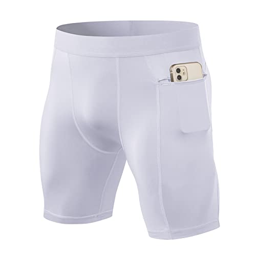 Ruowuhen Herren Funktionsshorts Kompressionsshorts mit Taschen, Herren Baselayer Unterhose Tights Kurz Laufhose Schnelltrocknendes Laufunterwäsche Weiß L von Ruowuhen