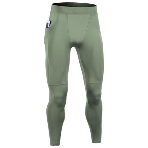 Ruowuhen Herren Kompressionshose Schnelltrocknende Laufhose Lang Funktionsunterhose Trainingshose mit Reißverschlusstaschen Hellgrün XXL von Ruowuhen