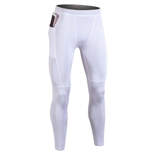 Ruowuhen Herren Kompressionshose Schnelltrocknende Laufhose Lang Funktionsunterhose Trainingshose mit Reißverschlusstaschen Weiß XXL von Ruowuhen