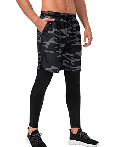 Ruowuhen Kompressionshose Herren 2 in 1 Laufhose mit Shorts, Sport Leggings Atmungsaktiv Funktionsunterhose Tights mit Taschen für Männer Camouflage L von Ruowuhen