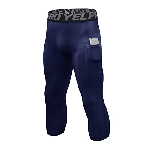 Ruowuhen Kompressionshose Herren 3/4 Laufhose Sport Leggings Atmungsaktiv Funktionshose Tights Männer Compression Hose mit Taschen Marine L von Ruowuhen