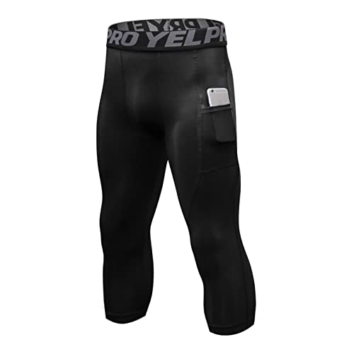 Ruowuhen Kompressionshose Herren 3/4 Laufhose Sport Leggings Atmungsaktiv Funktionshose Tights Männer Compression Hose mit Taschen Schwarz M von Ruowuhen