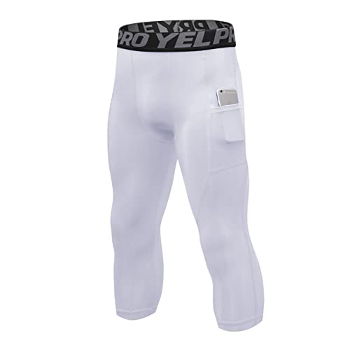 Ruowuhen Kompressionshose Herren 3/4 Laufhose Sport Leggings Atmungsaktiv Funktionshose Tights Männer Compression Hose mit Taschen Weiß L von Ruowuhen