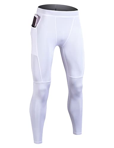 Ruowuhen Kompressionshose Herren Lang Laufhose, Sport Leggings Atmungsaktiv Funktionsunterhose Tights mit Taschen Weiß L von Ruowuhen